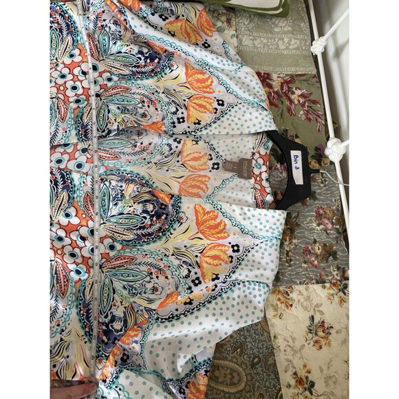 Chicos Flowy Floral Open Shirt Tunic Size 1 Orange Blue Cruise Resort - Picture 5 of 5